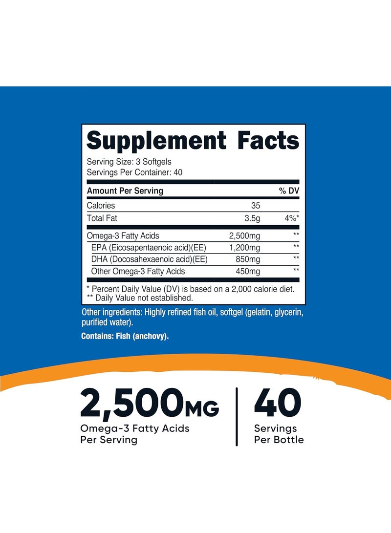 Nutricost Omega 3 Fish Oil - 2500MG, 120 Softgels (40 Serv) - Fish Oil, Wild Caught! 1200mg EPA 850mg DHA - Non-GMO, Gluten Free - Image 5